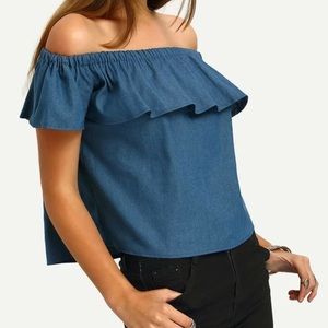 Boat neck flounce denim crop / mid top